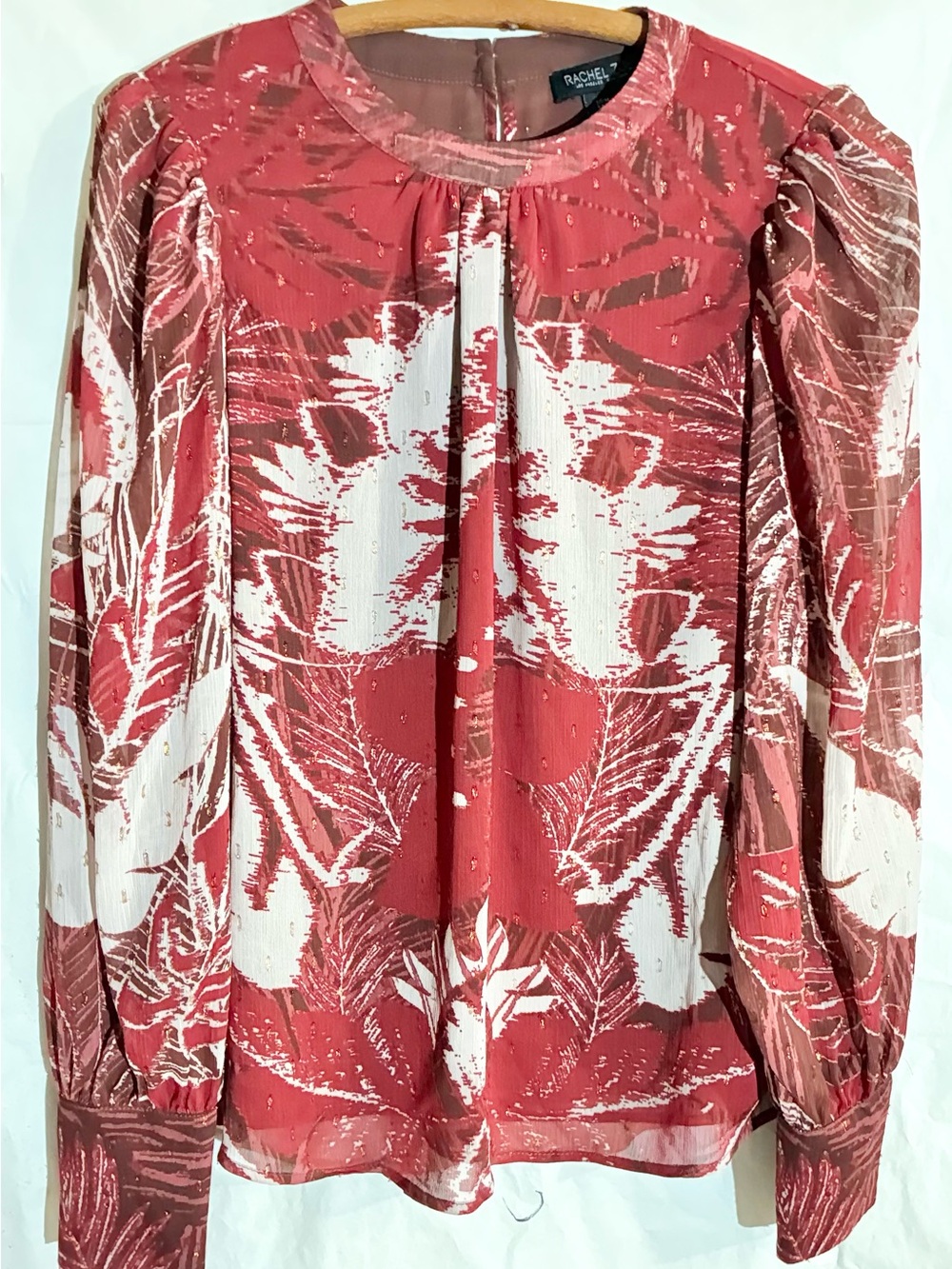 Rachel Zoe Scenic Printed Blouse Sz M Red Long Balloon Sleeve Lined Keyhole